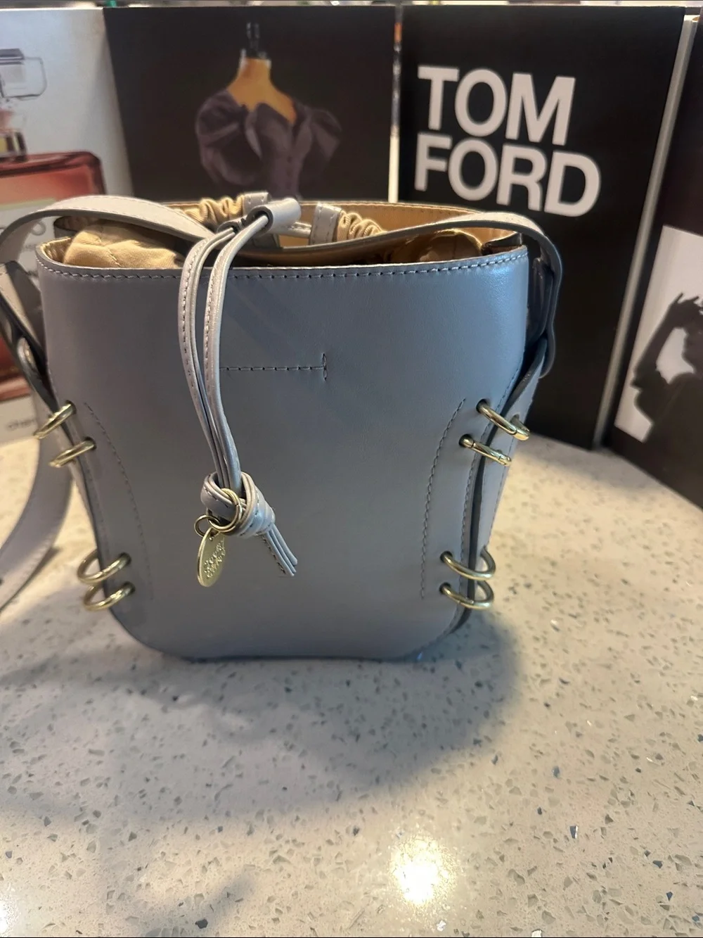See By Chloe Gray Leather Drawstring Crossbody with Gold Accents - Picture 6 of 17